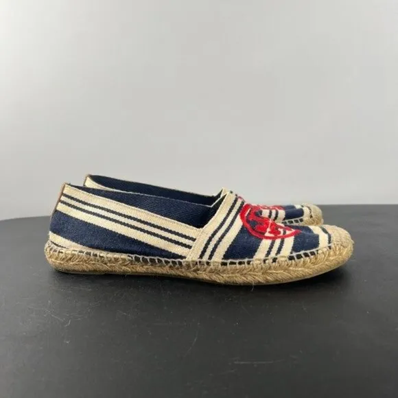 Tory Burch A-Line Stripe Espadrille Slip On Sandal Shoes Size 8 Navy / Natural