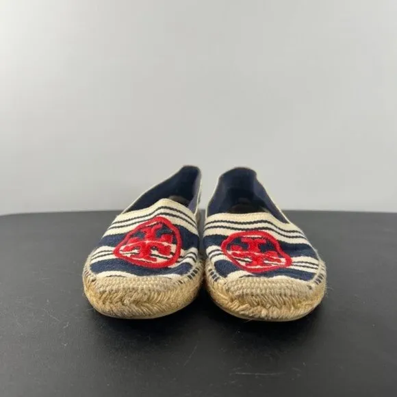 Tory Burch A-Line Stripe Espadrille Slip On Sandal Shoes Size 8 Navy / Natural