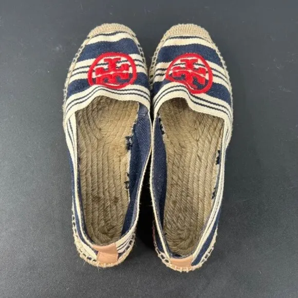 Tory Burch A-Line Stripe Espadrille Slip On Sandal Shoes Size 8 Navy / Natural