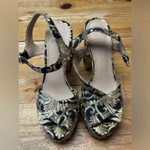 Tory Burch Black And Gold Embroidered Brocade Platform Sandals