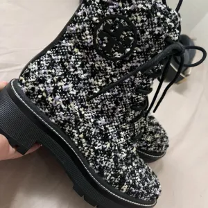 Tory Burch Black and White Tweed Ankle Boots