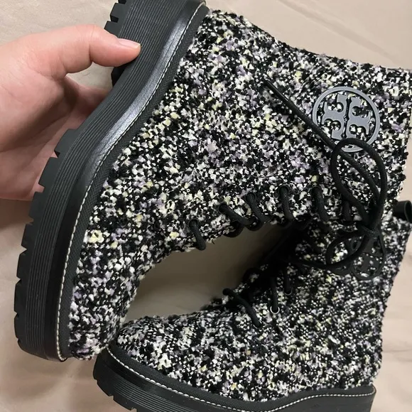 Tory Burch Black and White Tweed Ankle Boots