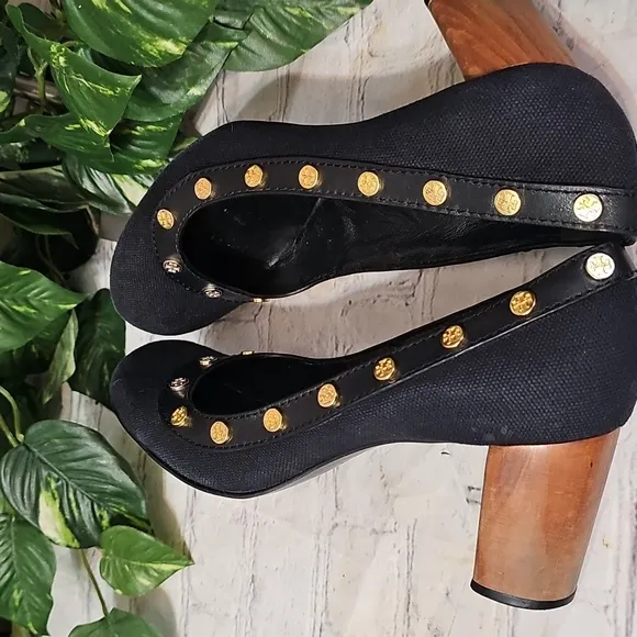 Tory Burch Black Canvas Logo Gold Studded Heels 8.5