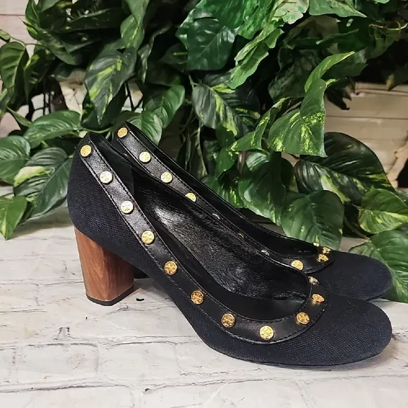 Tory Burch Black Canvas Logo Gold Studded Heels 8.5