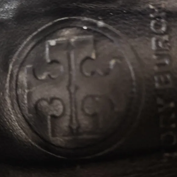 Tory Burch Black Canvas Logo Gold Studded Heels 8.5