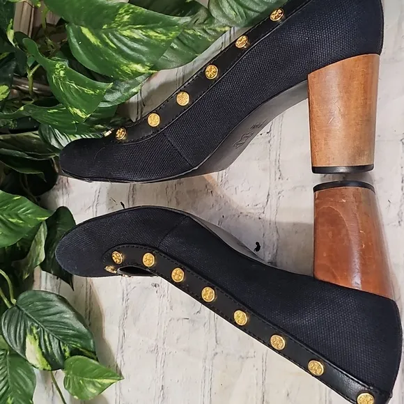 Tory Burch Black Canvas Logo Gold Studded Heels 8.5