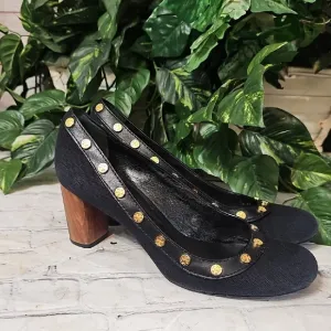 Tory Burch Black Canvas Logo Gold Studded Heels 8.5