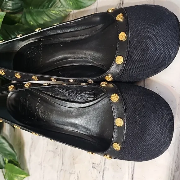 Tory Burch Black Canvas Logo Gold Studded Heels 8.5