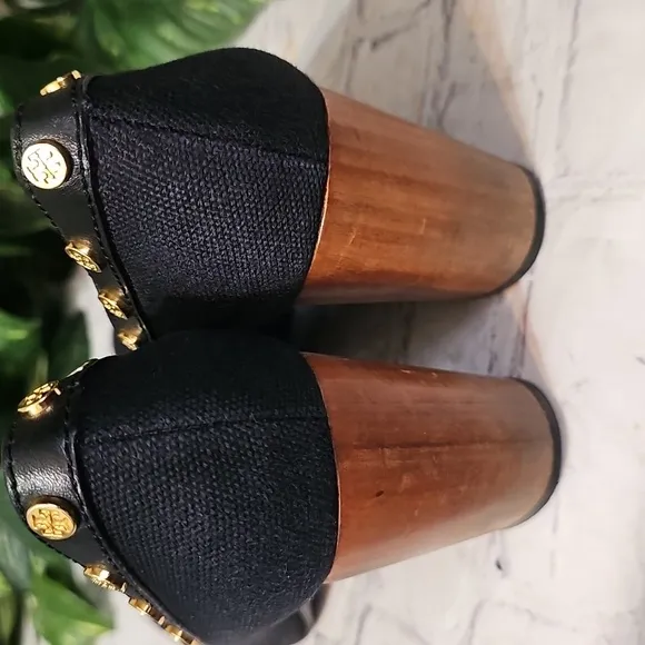 Tory Burch Black Canvas Logo Gold Studded Heels 8.5