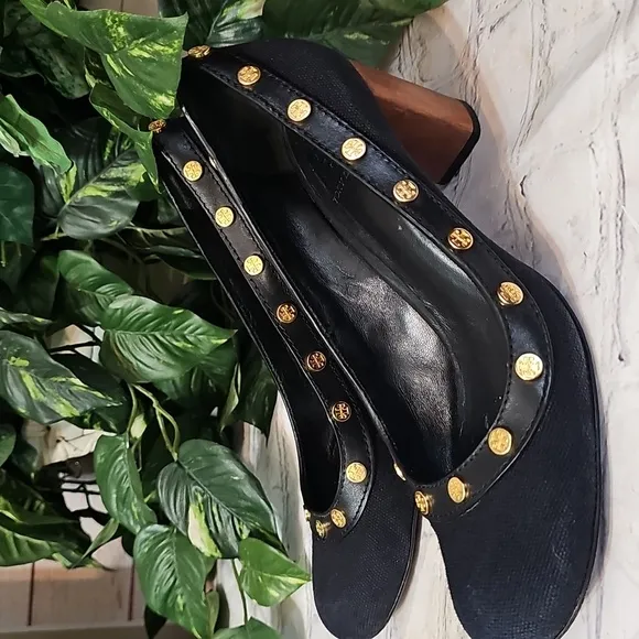 Tory Burch Black Canvas Logo Gold Studded Heels 8.5