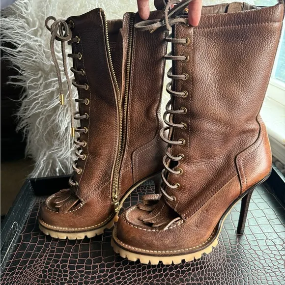 Tory Burch Brown Leather Lace-Up High Heel Boots
