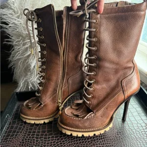 Tory Burch Brown Leather Lace-Up High Heel Boots