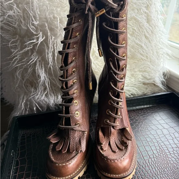 Tory Burch Brown Leather Lace-Up High Heel Boots