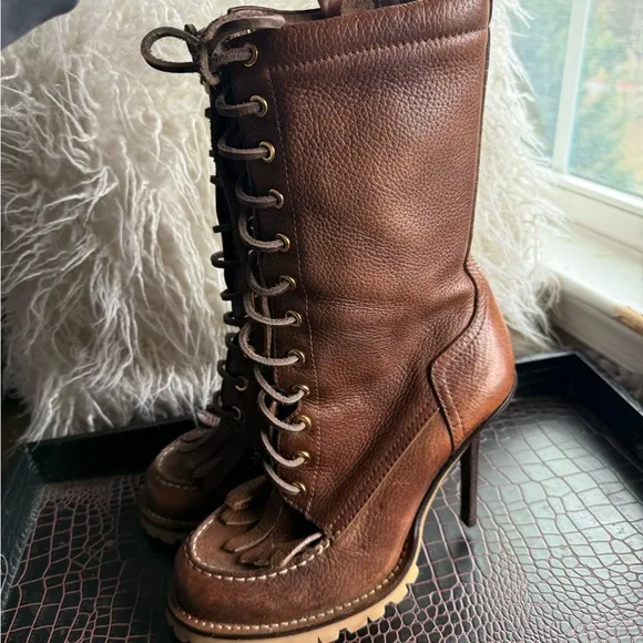 Tory Burch Brown Leather Lace-Up High Heel Boots