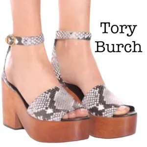Tory Burch Camilla Snake Print Wooden Platform Sandals Size 9.5