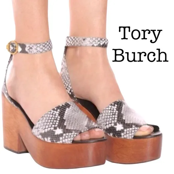 Tory Burch Camilla Snake Print Wooden Platform Sandals Size 9.5