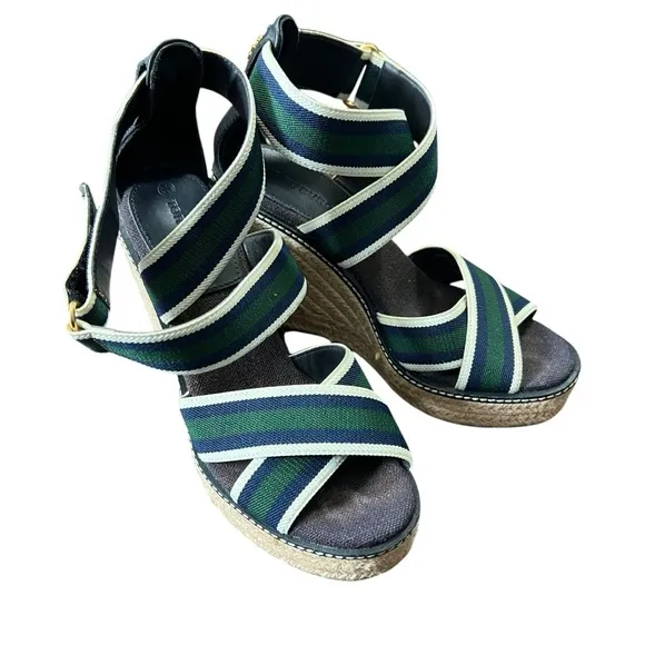 Tory Burch Espadrille Frieda Platform Sandals Green and Blue