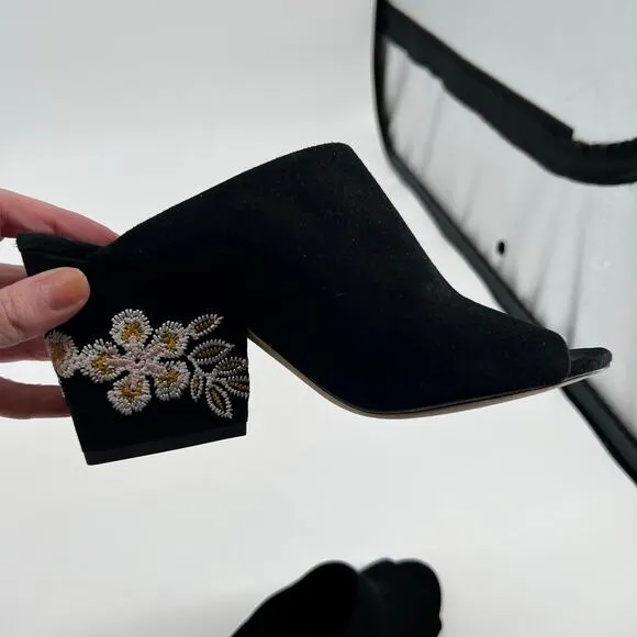 Tory Burch Floral Embroidered Block Heel Slide Sandals Black open toe size 6.5