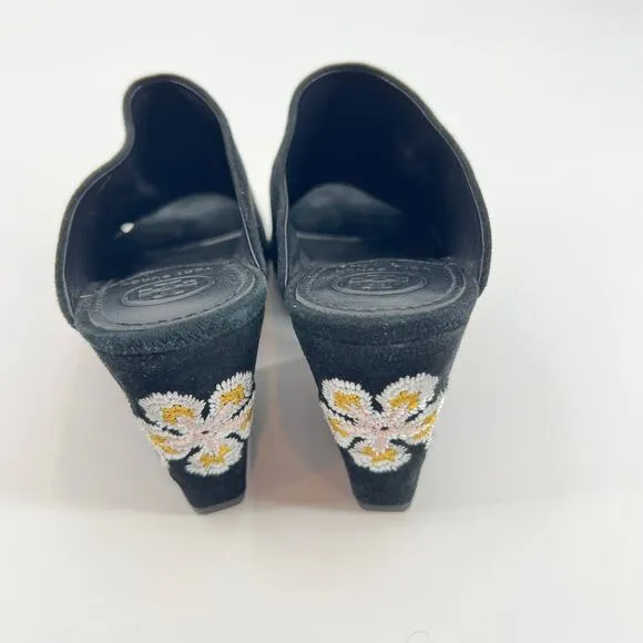 Tory Burch Floral Embroidered Block Heel Slide Sandals Black open toe size 6.5