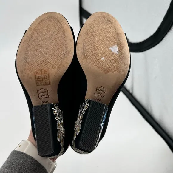 Tory Burch Floral Embroidered Block Heel Slide Sandals Black open toe size 6.5