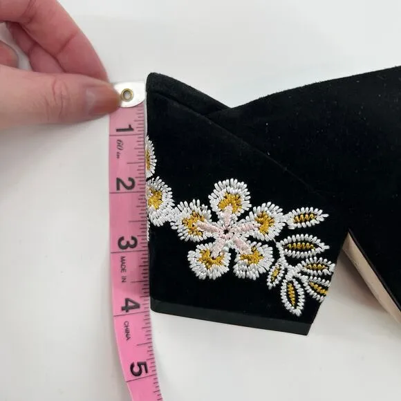 Tory Burch Floral Embroidered Block Heel Slide Sandals Black open toe size 6.5