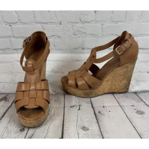 TORY BURCH high platform cork wedge brown leather sandals 8M