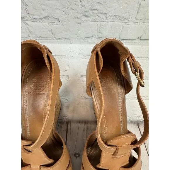 TORY BURCH high platform cork wedge brown leather sandals 8M
