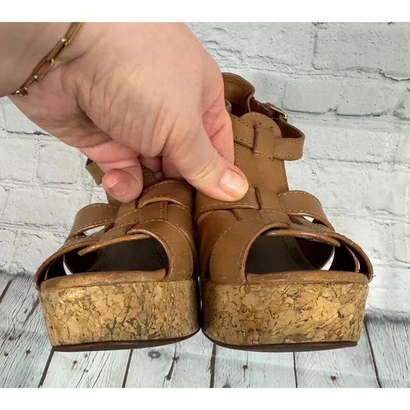 TORY BURCH high platform cork wedge brown leather sandals 8M