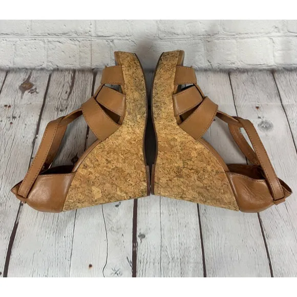 TORY BURCH high platform cork wedge brown leather sandals 8M