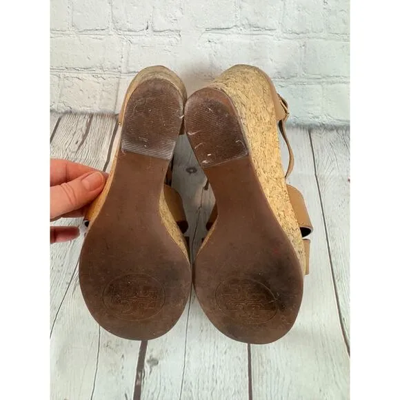 TORY BURCH high platform cork wedge brown leather sandals 8M