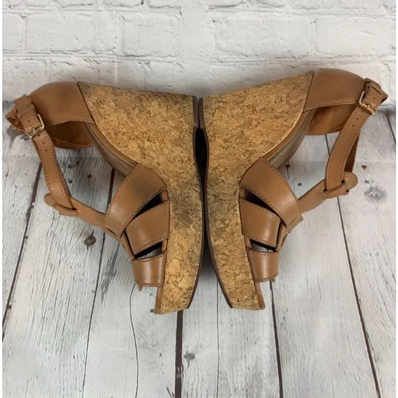 TORY BURCH high platform cork wedge brown leather sandals 8M