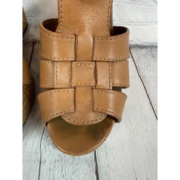 TORY BURCH high platform cork wedge brown leather sandals 8M