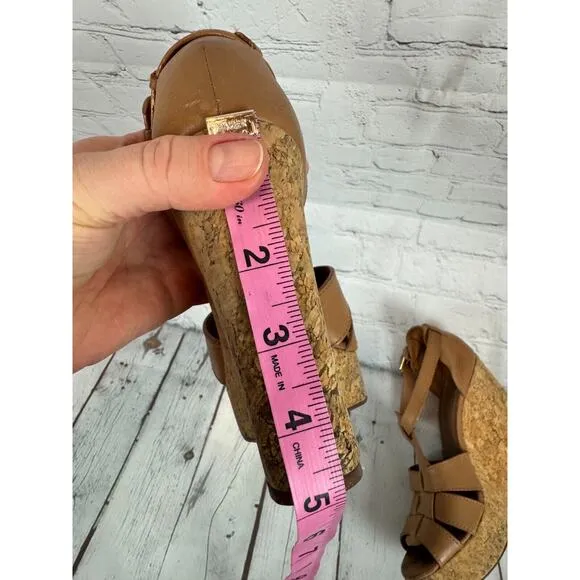 TORY BURCH high platform cork wedge brown leather sandals 8M