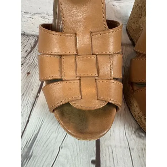 TORY BURCH high platform cork wedge brown leather sandals 8M