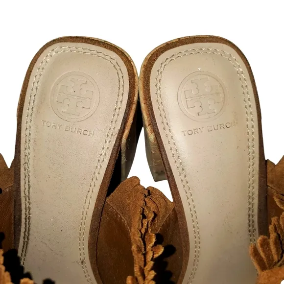 TORY BURCH Huntington Brown Suede Fringe Cork Block Heel Slide-on Sandal Size 9M