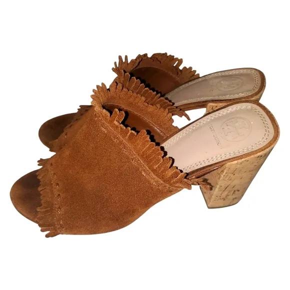 TORY BURCH Huntington Brown Suede Fringe Cork Block Heel Slide-on Sandal Size 9M