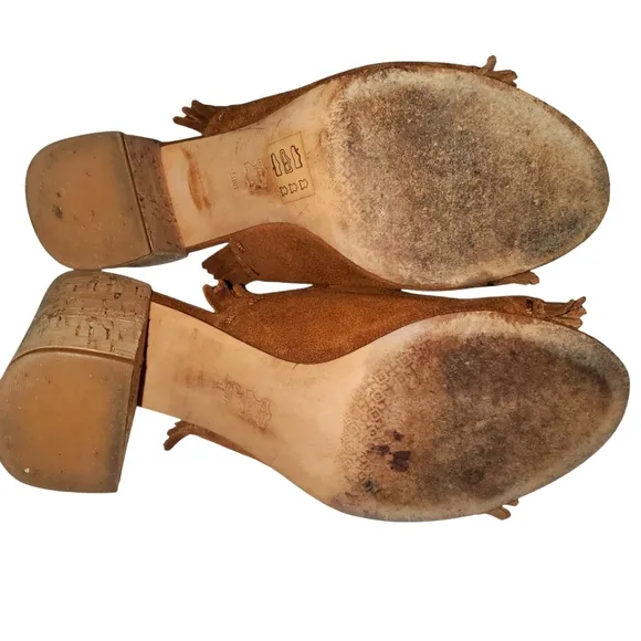 TORY BURCH Huntington Brown Suede Fringe Cork Block Heel Slide-on Sandal Size 9M