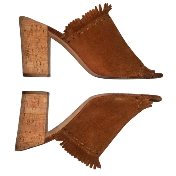 TORY BURCH Huntington Brown Suede Fringe Cork Block Heel Slide-on Sandal Size 9M