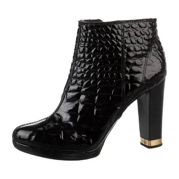 Tory Burch Leigh Black Crocodile-Embossed Ankle Boots Patent Leather 6.5