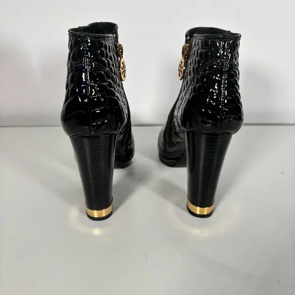 Tory Burch Leigh Black Crocodile-Embossed Ankle Boots Patent Leather 6.5