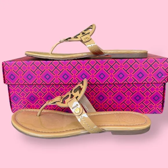 Tory Burch Miller Sandals Patent Sand Boho Festival Designer Women's Size 6.5