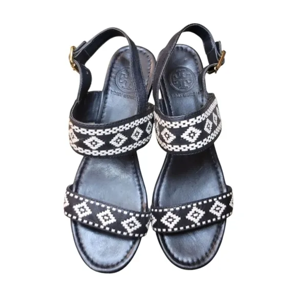 Tory Burch Reena Platform Moroccan Aztec Wedge Sandals Black And White Size 8.5