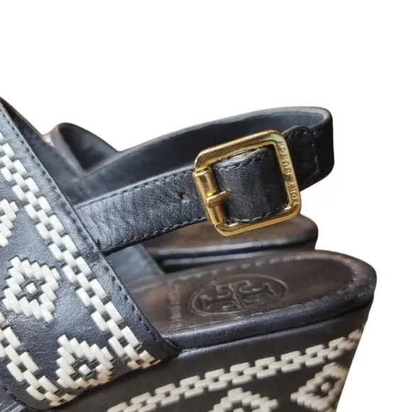 Tory Burch Reena Platform Moroccan Aztec Wedge Sandals Black And White Size 8.5