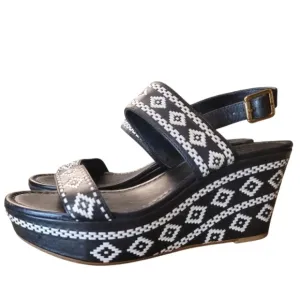 Tory Burch Reena Platform Moroccan Aztec Wedge Sandals Black And White Size 8.5
