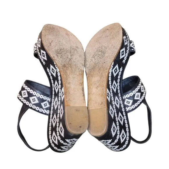 Tory Burch Reena Platform Moroccan Aztec Wedge Sandals Black And White Size 8.5