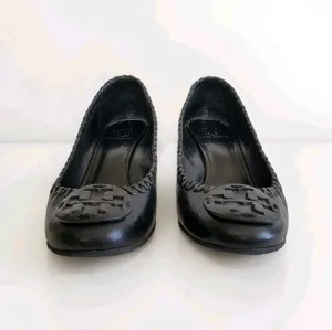 Tory Burch Womens 8 Black Leather Whipstitch Low Profile Wedge Shoes