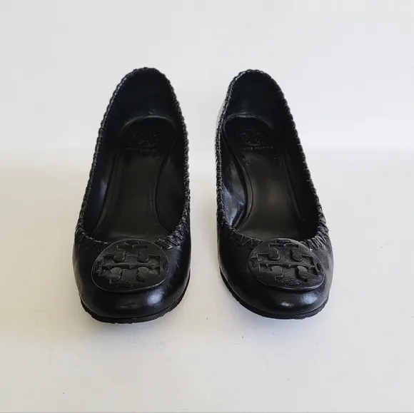 Tory Burch Womens 8 Black Leather Whipstitch Low Profile Wedge Shoes