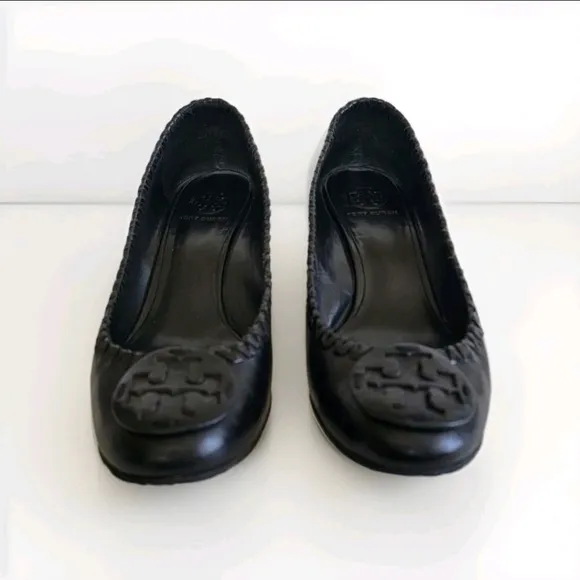 Tory Burch Womens 8 Black Leather Whipstitch Low Profile Wedge Shoes