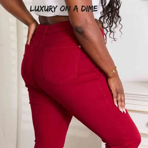 Tummy Control High-Rise Waist Red Denim Judy Blue Skinny Jean Pants Plus Size