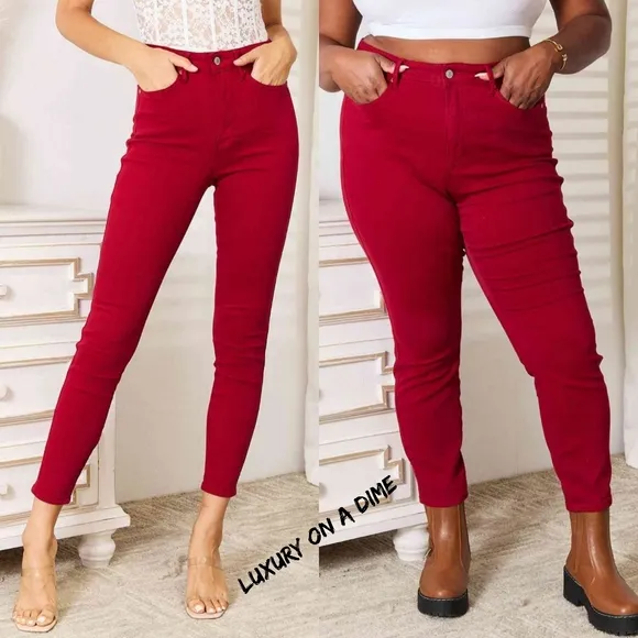 Tummy Control High-Rise Waist Red Denim Judy Blue Skinny Jean Pants Plus Size